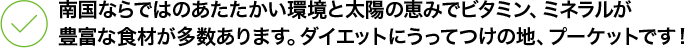 南国ならではのあたたかい環境と太陽の恵みでビタミン、ミネラルが 豊富な食材が多数あります。ダイエットにうってつけの地、プーケットです！